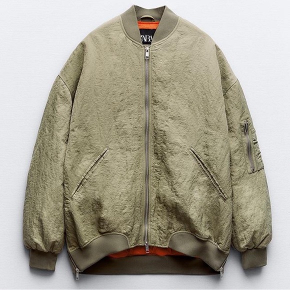 Zara Water Repellent Oversized Bomber Jacket Khaki NWT - Picture 5 of 7